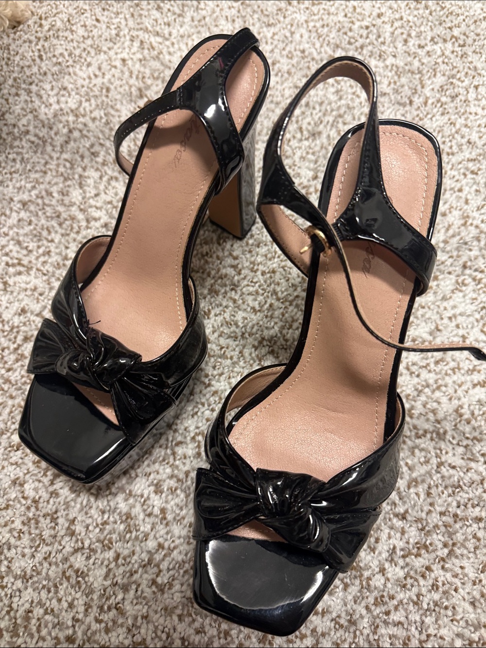 Patent Black Knot Front Block-Heel Sandals - Women